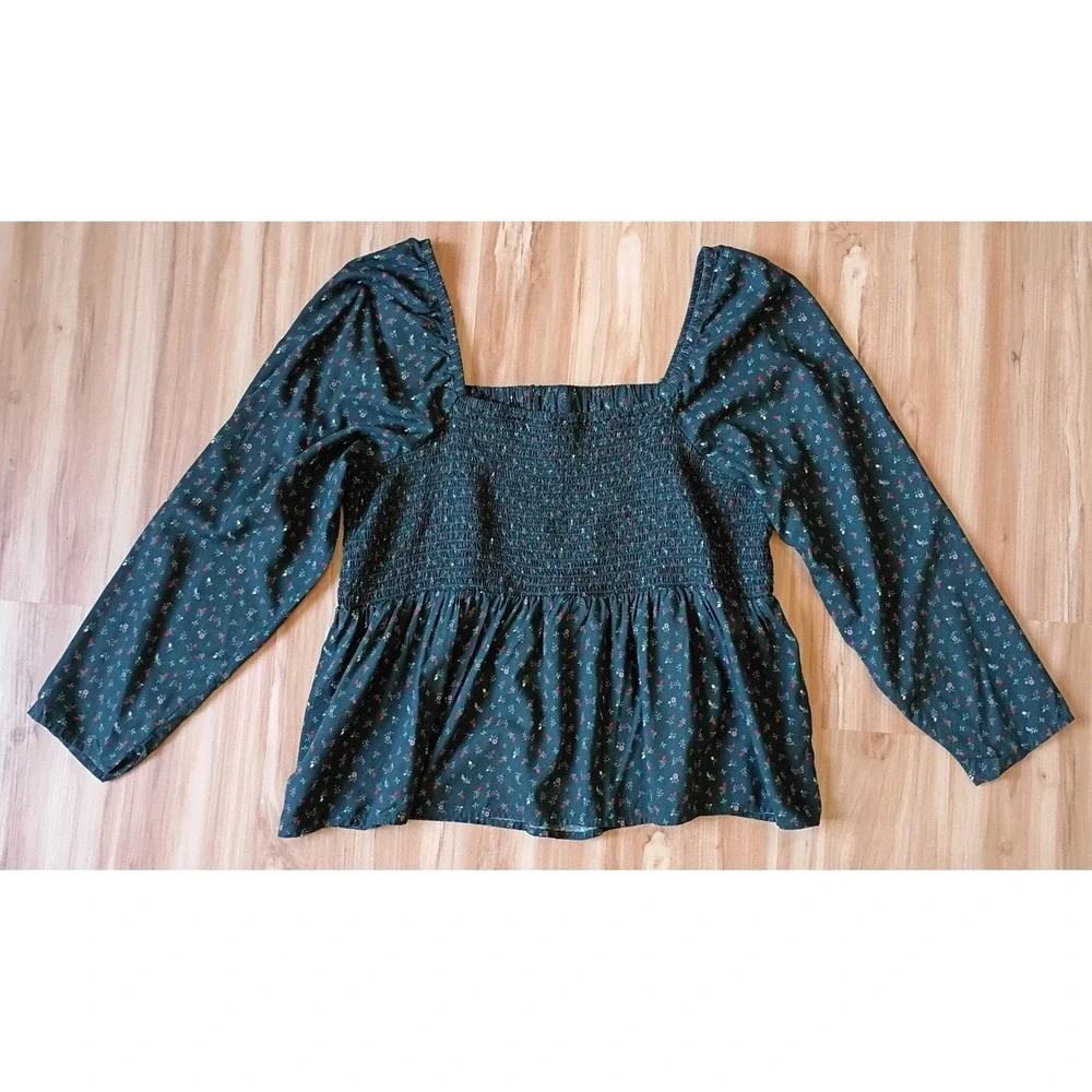 Old Navy Green Ditsy Floral Square Neck Babydoll Top XXL LongSleeve Boho Smocked